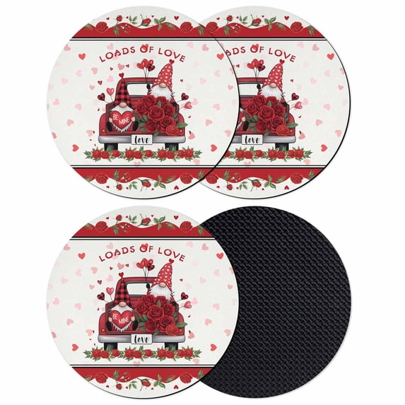 Red Valentine's Day Coasters Set of 4, Absorbent Coasters for Drinks, Love Heart Roses Gnomes Romantic Floral Coaster for Desk Coffee Table Protection, Home Decor House Warming Gifts 4"