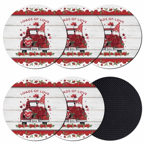 Red Valentine's Day Coasters Set of 6, Absorbent Coasters for Drinks, Love Heart Roses Gnomes Vintage Floral Coaster for Desk Coffee Table Protection, Home Decor House Warming Gifts 4"