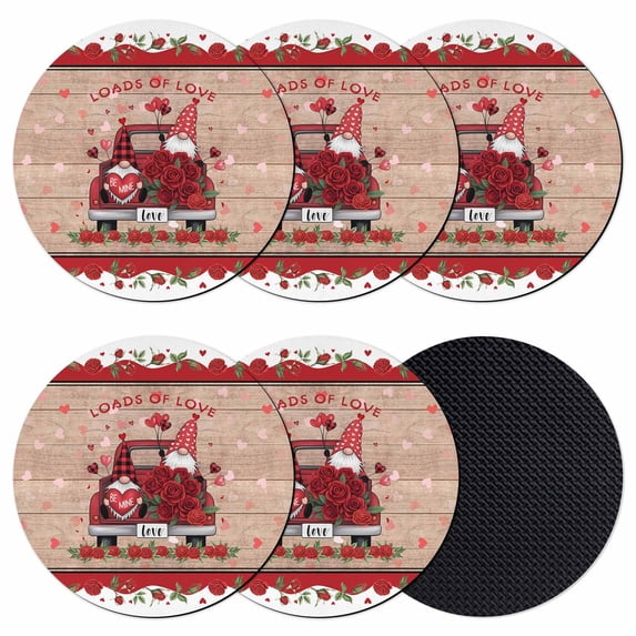 Red Valentine's Day Coasters Set of 6, Absorbent Coasters for Drinks, Love Heart Roses Gnomes Wooden Coaster for Desk Coffee Table Protection, Home Decor House Warming Gifts 4"