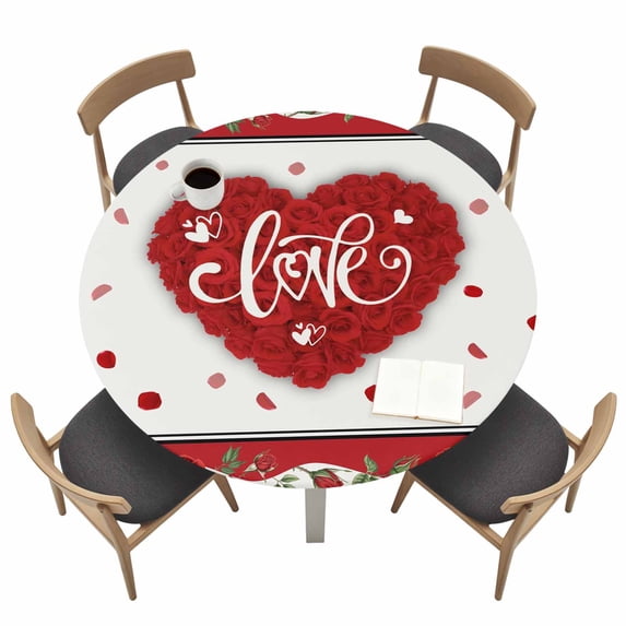 Red Valentine's Day Fitted Tablecloth with Elastic Edged, Round Table Cloth for Dining Table, Love Heart Roses Romantic Waterproof Oil Proof Table Cover for Indoor Outdoor 36"-44"