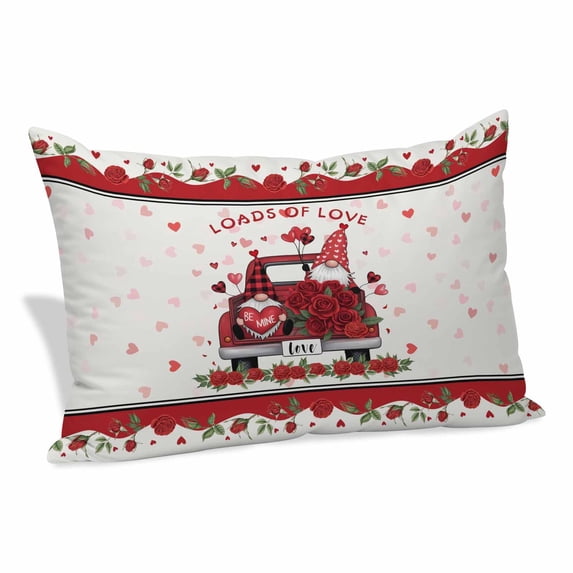 Red Valentine's Day Pillow Covers, Linen Long Throw Pillow Case, Love Heart Roses Gnomes Romantic Floral Holiday Pillow Protector Decorative Cushion Cover for Living Room/Bedroom 24" x 36"