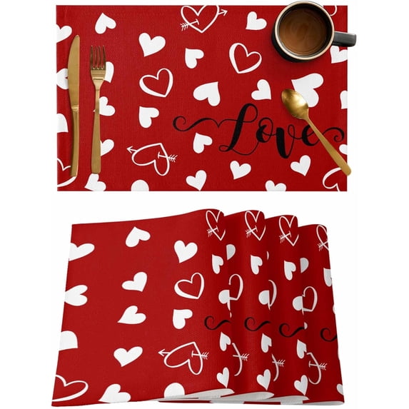 Red Valentine''s Day Placemats Set of 4, Valentines Love Heart Heat Resistant Washable Table Place Mats Cotton Table Linens Party Holiday Decorations for Home Kitchen Dining Table Outdoor