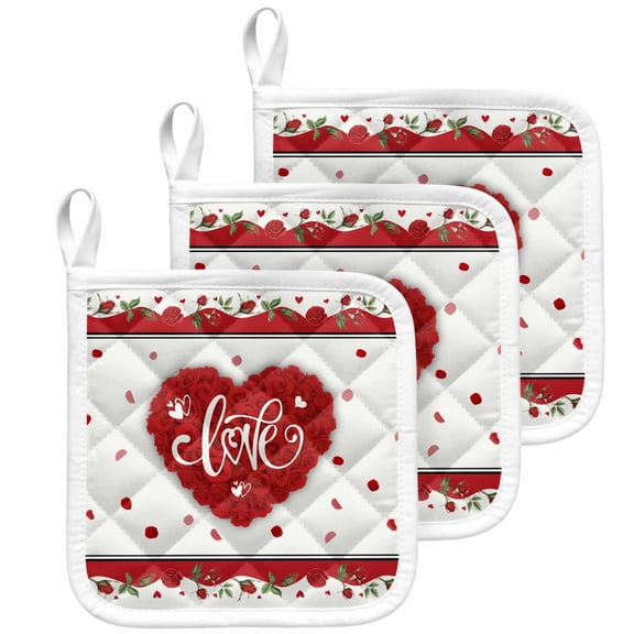 Red Valentine's Day Pot Holders for Kitchen Heatproof Potholder, 3 Pack Love Heart Roses Romantic Hot Pads Multipurpose Oven Pads Cloth Potholders Trivet for Cooking Baking