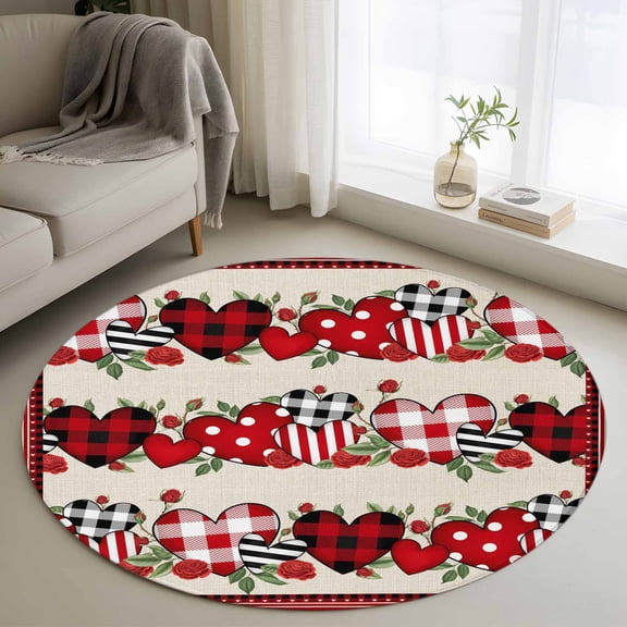 Red Valentine's Day Round Rug 3ft Washable Circle Entryway Rugs Non Slip Love Heart Roses Leaves Rustic Area Rug Indoor Floor Carpet for Bedroom Kitchen Living Room Home Office Dining Room Nursery