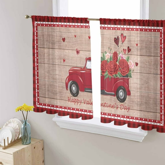 Red Valentine's Day Sheer Curtains 45 Inch Length 2 Panels Set, Semi Transparent Voile Rod Pocket Curtains for Living Dining Room Bedroom Drapes Roses Truck Romantic Love Heart Wooden