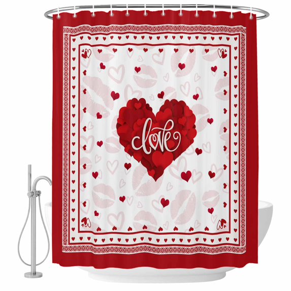 Red Valentine's Day Shower Curtain, Waterproof Shower Curtains for Bathroom, Love Heart Romantic Valentines Washable Fabric Bathtub Curtain Set Bath Decor with 12 Hooks Long 72"x84"