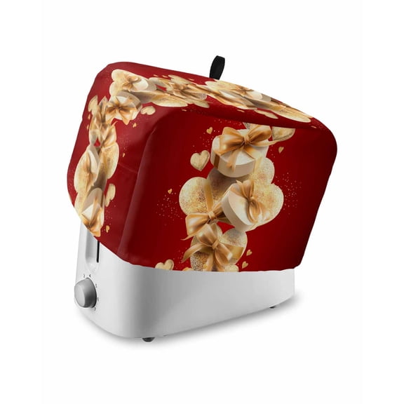 Red Valentine's Day Small Toaster Cover 2 Slice, Kitchen Appliance Covers, Golden Valentines Gifts Love Hearts Toaster Oven Cover with Loop, Bread Machine Cover Polyester Dust Cover Protection