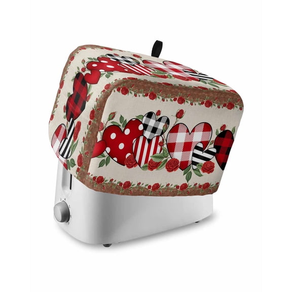 Red Valentine's Day Small Toaster Cover 2 Slice, Kitchen Appliance Covers, Love Heart Roses Leaves Romantic Toaster Oven Cover with Loop, Bread Machine Cover Polyester Dust Cover Protection