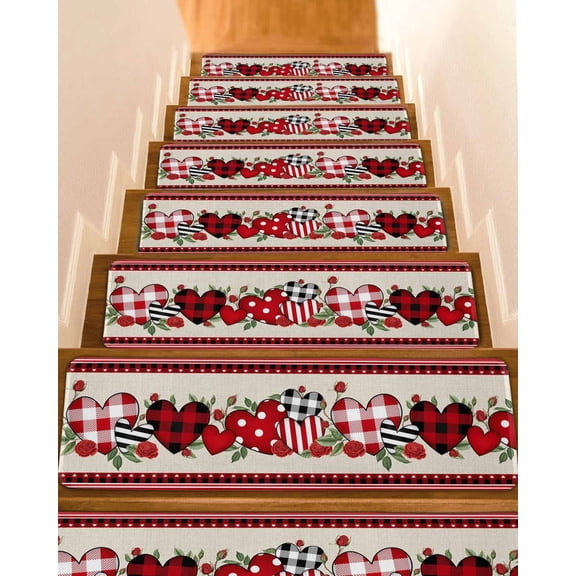 Red Valentine's Day Stair Treads for Wooden Steps Indoor Runner Rug Carpet, Love Heart Roses Leaves Rustic 4 Pieces Peel and Stick Staircase Step Treads Covers Washable Throw Door Mats, 30"x8"