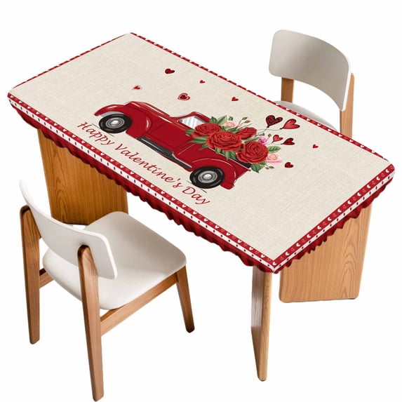 Red Valentine's Day Table Cloths for 3 Foot Rectangle Tables, Roses Truck Romantic Love Heart Truck Patio Waterproof Elastic Fitted Tablecloths, Washable Rectangular Table Cover for Camping