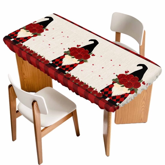 Red Valentine's Day Table Cloths for 4 Foot Rectangle Tables, Roses Gnomes Love Heart Plaid Rustic Patio Waterproof Elastic Fitted Tablecloths, Washable Rectangular Table Cover for Camping