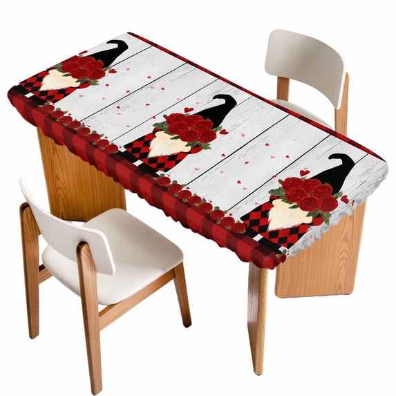 Red Valentine's Day Table Cloths for 4 Foot Rectangle Tables, Roses Gnomes Love Heart Plaid Vintage Patio Waterproof Elastic Fitted Tablecloths, Washable Rectangular Table Cover for Camping