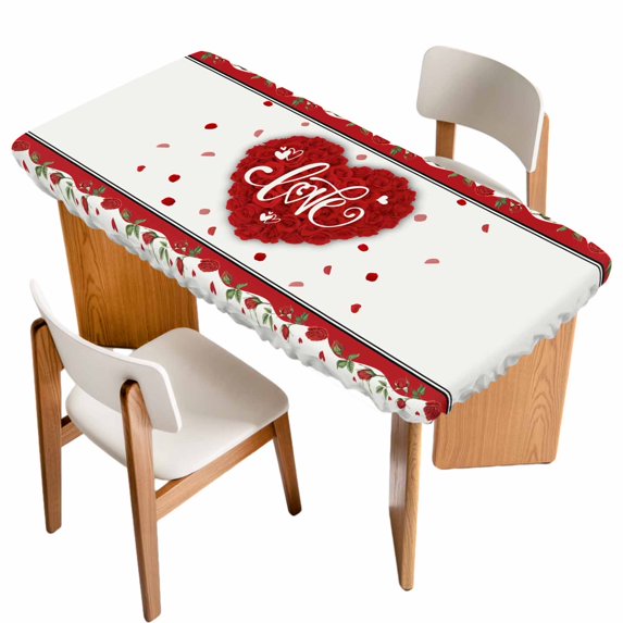 Red Valentine's Day Table Cloths for 5 Foot Rectangle Tables, Love Heart Roses Romantic Patio Waterproof Elastic Fitted Tablecloths, Washable Rectangular Table Cover for Camping