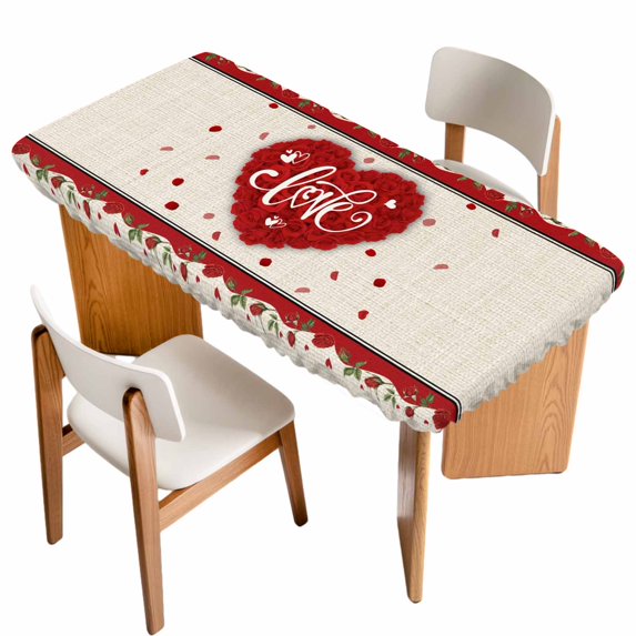 Red Valentine's Day Table Cloths for 6 Foot Rectangle Tables, Love Heart Roses Romantic Rustic Patio Waterproof Elastic Fitted Tablecloths, Washable Rectangular Table Cover for Camping