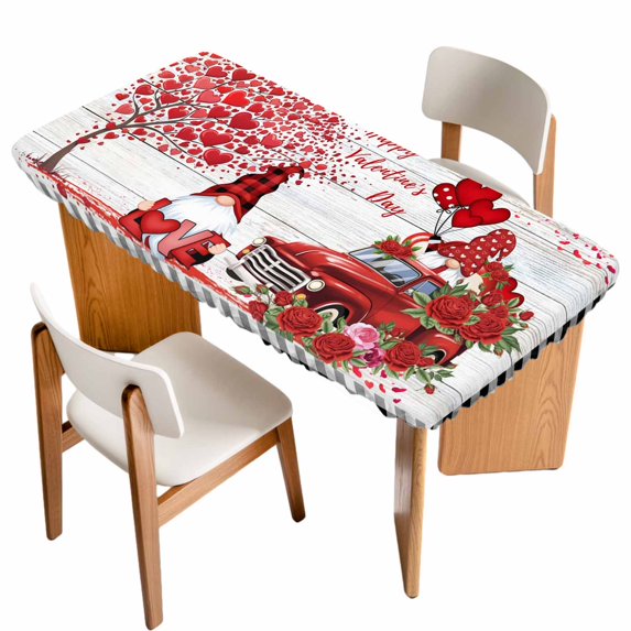 Red Valentine's Day Table Cloths for 6 Foot Rectangle Tables, Roses Love Heart Romantic Gnomes Wooden Patio Waterproof Elastic Fitted Tablecloths, Washable Rectangular Table Cover for Camping