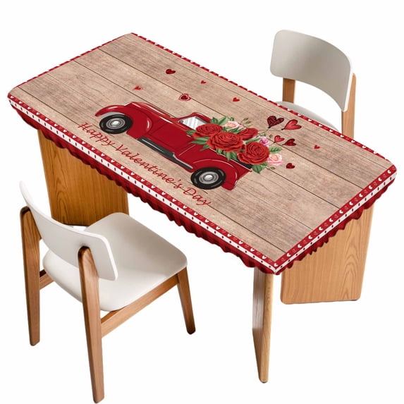 Red Valentine's Day Table Cloths for 6 Foot Rectangle Tables, Roses Truck Romantic Love Heart Wooden Patio Waterproof Elastic Fitted Tablecloths, Washable Rectangular Table Cover for Camping