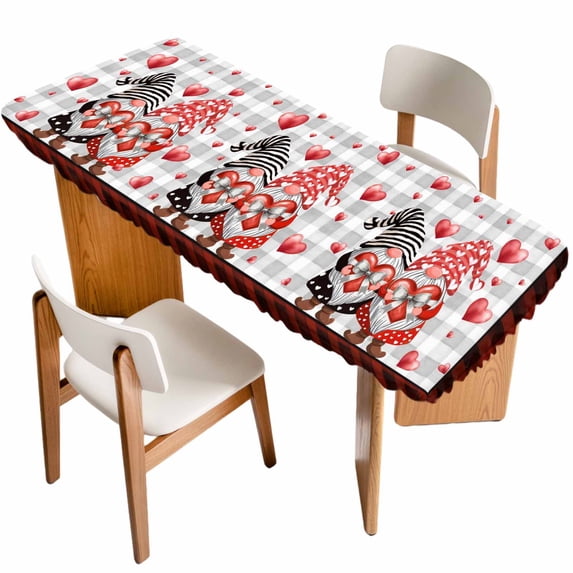 Red Valentine's Day Table Cloths for 8 Foot Rectangle Tables, Love Heart Gnomes Grey Plaid Patio Waterproof Elastic Fitted Tablecloths, Washable Rectangular Table Cover for Camping