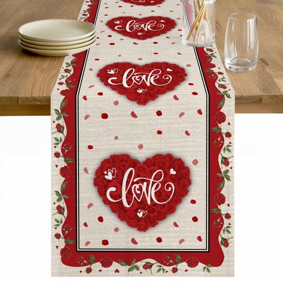 Red Valentine's Day Table Runner 108 Inches Long Farmhouse Dress Scarves, Love Heart Roses Romantic Rustic Dining Tablerunner for Coffee Table/Kitchen Island/Party Décor, 13" x 108"