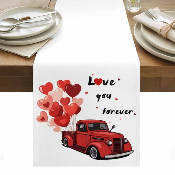 Red Valentine's Day Table Runner - 120 Inch Long, Kitchen Dining Table Runner Dresser Scarves, Love Heart Truck Romantic Valentines Farmhouse Decor for Coffee Tables Wedding Party Banquet