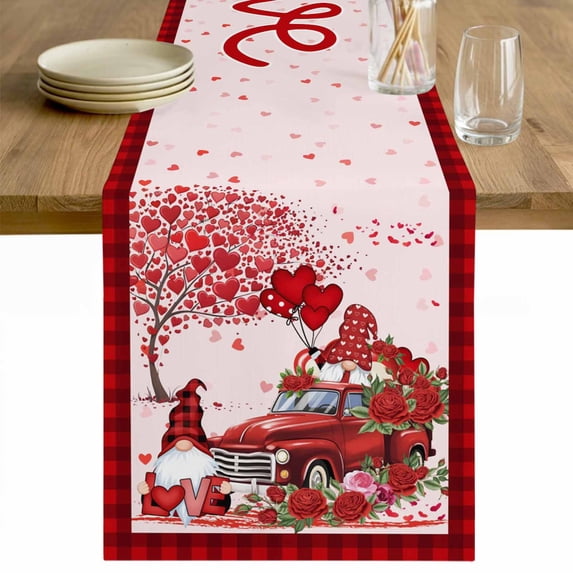 Red Valentine's Day Table Runner 120 Inches Long Farmhouse Dress Scarves, Romantic Love Heart Roses Gnomes Plaid Dining Tablerunner for Coffee Table/Kitchen Island/Party Décor, 13" x 120"