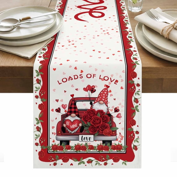Red Valentine's Day Table Runner - 90 Inch Long, Kitchen Dining Table Runner Dresser Scarves, Love Heart Roses Gnomes Romantic Floral Farmhouse Decor for Coffee Tables Wedding Party Banquet