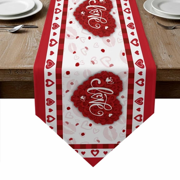 Red Valentine's Day Table Runner Linen Burlap Table Runner 36 Inches Small Love Heart Valentines Romantic Dresser Scarves for Kitchen Island Coffee Dining Room Party Holiday Decoration 13"x36"