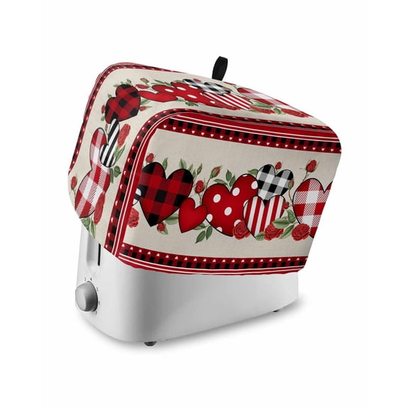 Red Valentine's Day Toaster Cover 2 Slice, Love Heart Roses Leaves Rustic Dustproof Bread Machine Oven Cover with Storage Pockets, Fits Most Kitchen Toasters Protector