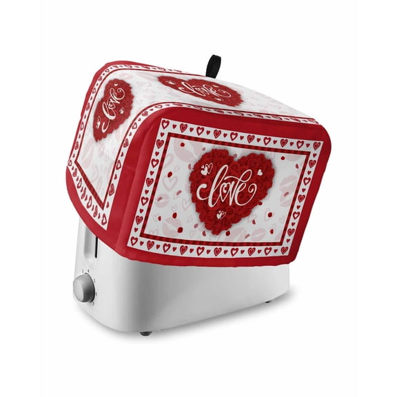 Red Valentine's Day Toaster Cover 4 Slice, Large Kitchen Appliance Covers, Love Heart Valentines Romantic Toaster Oven Cover with Loop, Bread Machine Cover Polyester Dust Cover Protection