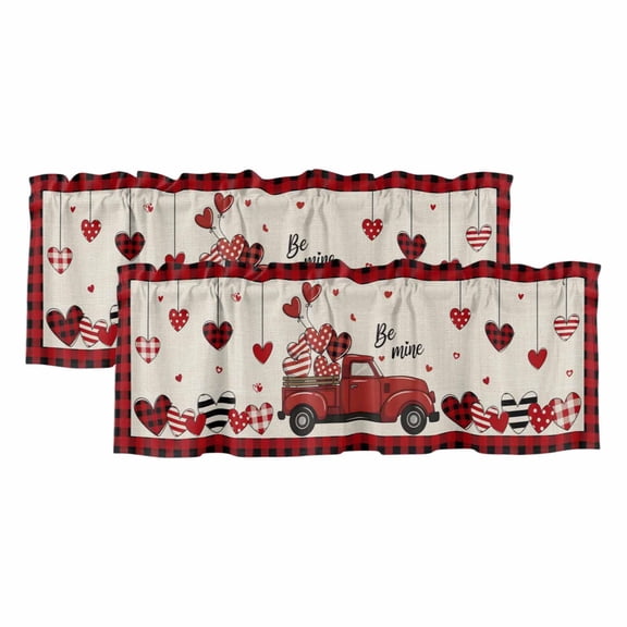 Red Valentine's Day Valances for Windows, Decorative Rod Pocket Window Valance Curtains, Truck Plaid Love Heart Rustic Short Curtain Drapes for Kitchen/Bathroom/Living Room, 2 Panels, 42" W x 18" L