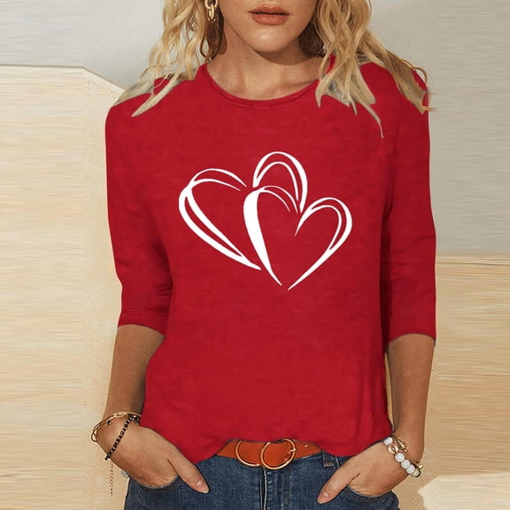Red Valentine's Day Womens Love Print Heart Long Sleeve Top, 100% Polyester Crew Neck Loose Fit Romantic Casual Blouse (XS-XL),Size S