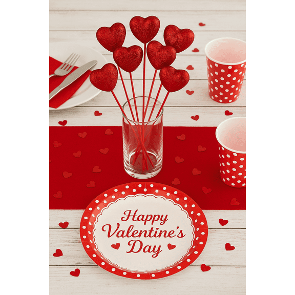 Red Valentines Day Wooden Glitter Heart Picks, 7-Count
