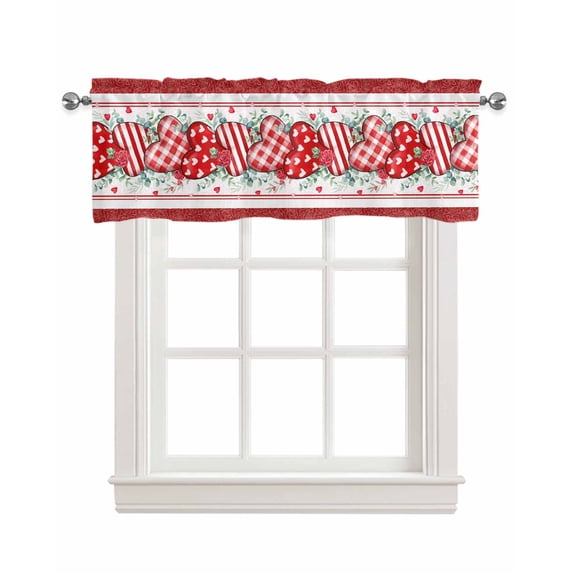 Red Valentine's Linen Curtain Valance for Bedroom/Bathroom/Kitchen/Office/Living/Dining Room Windows,Modern Abstract Rose Buffalo Love Rod Pocket Topper Drapes Decorative Cafe Drapery Panel 42x12