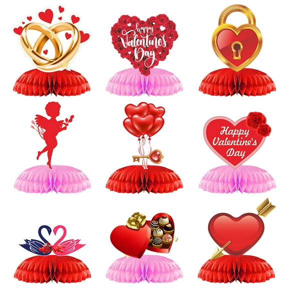 Red Valentines Centerpieces for Tables - Large, Pack Of 9 | 3D Valentine Honeycomb Centerpieces, Valentines Day Decorations | Valentines Table Centerpieces, Valentines Day Table Decorations