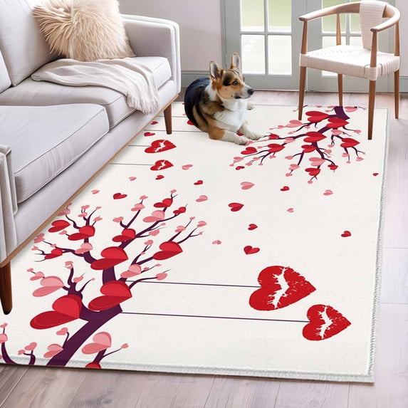 Red Valentines Day Area Rugs 3'x5', Washable Small Throw Rugs for Living Room Bedroom, Red Love Heart Tree Indoor Outdoor Rug Non-Slip Low Pile Carpet Runner Reversible Floor Mats