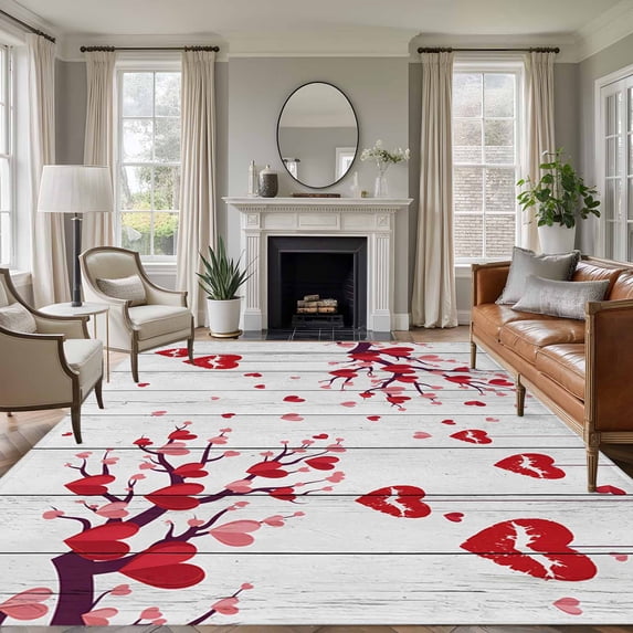 Red Valentines Day Area Rugs 5'x7', Washable Small Throw Rugs for Laundry Room Playroom, Red Love Heart Tree Vintage Indoor Outdoor Rug Non-Slip Low Pile Carpet Runner Reversible Floor Mats