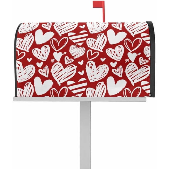 Red Valentines Day Mailbox Covers Magnetic Oversized, White Love Heart Magnetic Mailbox Covers for Garden Outdoor Decorations, Wraps Post Letter Box Cover, 21" x 25.5"