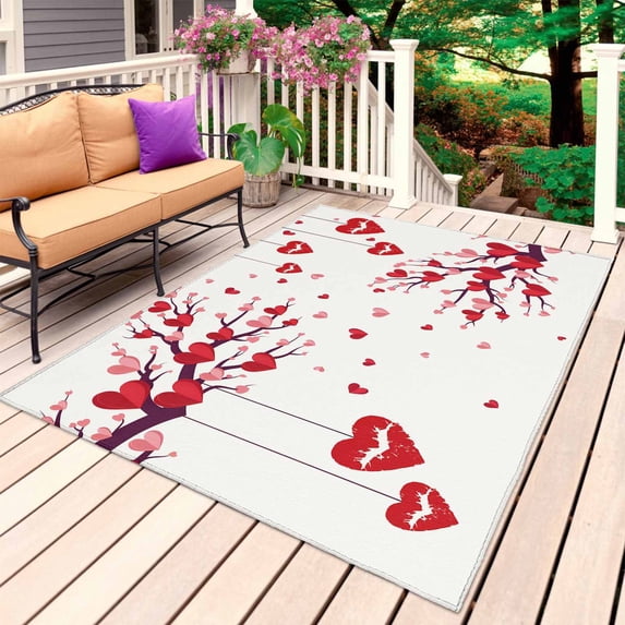 Red Valentines Day Outdoor Rug 5x8 Ft, Non Slip Washable Area Rug, Red Love Heart Tree Patio Rugs Carpet Runner, Large Floor Mat for Indoor/Outdoor Deck Porch Camping