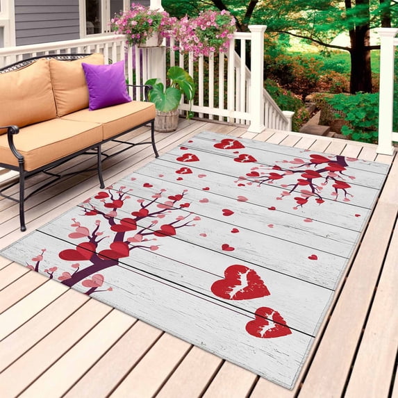 Red Valentines Day Outdoor Rug 6x9 Ft, Non Slip Washable Area Rug, Red Love Heart Tree Vintage Patio Rugs Carpet Runner, Large Floor Mat for Indoor/Outdoor Deck Porch Camping