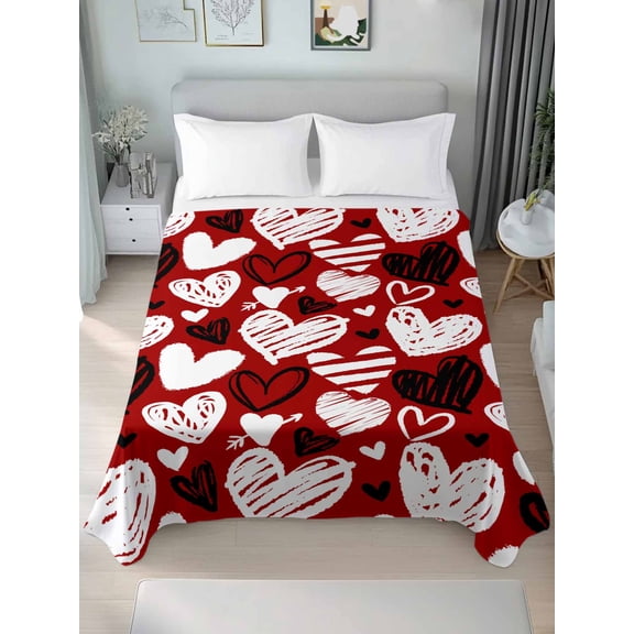 Red Valentines King Size Flat Sheet, Wrinkleproof & Fadeproof Cooling Flat Bed Sheet Only, Black White Love Heart Breathable Soft Bedding Top Sheets 105 x 98 Inches