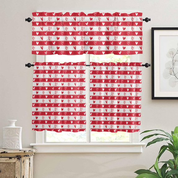 Red Valentines Love 3 PCS Kitchen Curtain Valance and Tiers Set,Rod Pocket Small Half Tier Valances Window Curtains Panel,Valentine Plaid Stripes Spring Holiday White 55"x24" (2 Tiers & Valance)