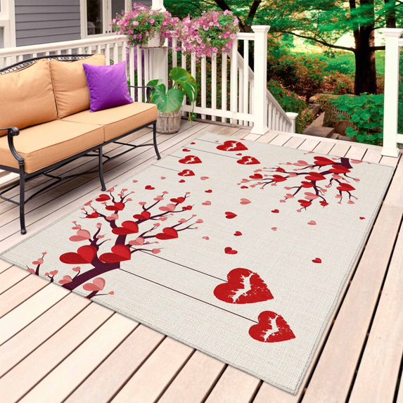 Red Valentines Outdoor Rug 4x6 Ft, Non Slip Washable Area Rug, Red Love Heart Tree Rustic Patio Rugs Carpet Runner, Large Floor Mat for Indoor/Outdoor Deck Porch Camping