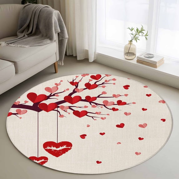 Red Valentines Round Area Rug 3.3Ft Washable Circle Rugs for Dining Room Table, Red Love Heart Tree Rustic Non-Slip Carpet Floor Mats Indoor Outdoor Carpet Runner Aesthetic Home Decor