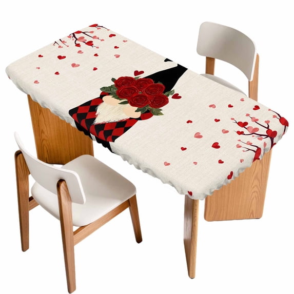 Red Valentines Table Cloths for 3 Foot Rectangle Tables, Red Love Heart Tree Rustic Patio Waterproof Elastic Fitted Tablecloths, Washable Rectangular Table Cover for Camping