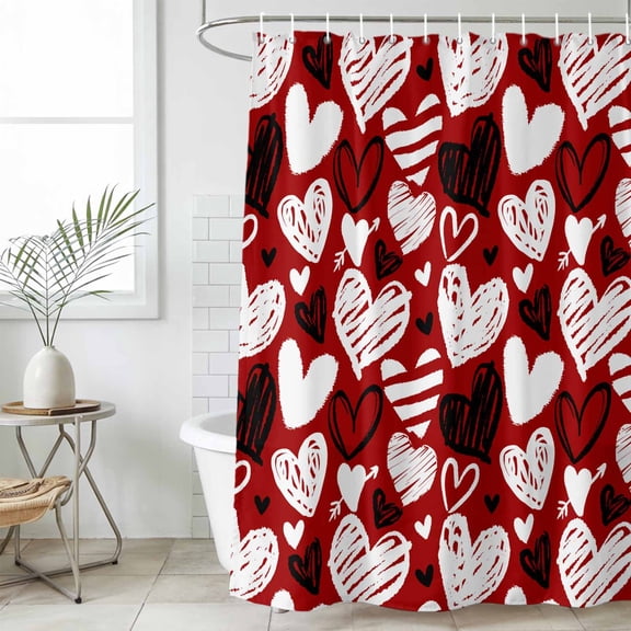 Red Valentines Waterproof Fabric Shower Curtain, Black White Love Heart Waterproof Fabric Shower Curtain for Bathroom Curtains Bathtubs Hotel Washable Shower Curtains with 12 Hooks Small 36x72in