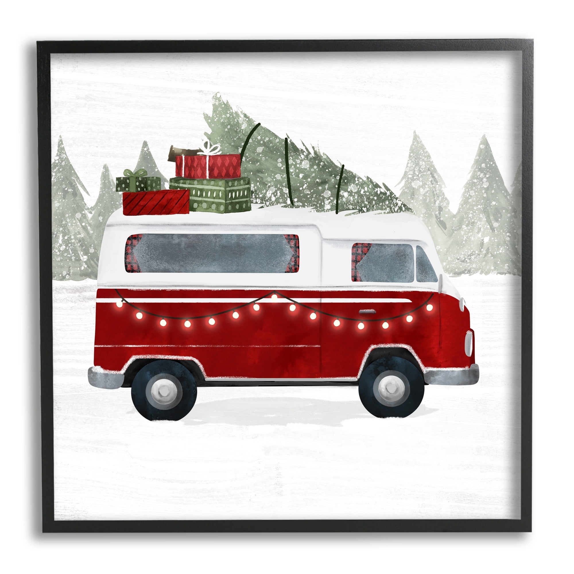 Red Van Holiday Lights Carrying Christmas Presents Transportation Painting Framed Art Print Wall Art