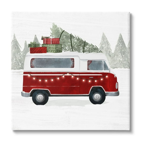 Red Van Holiday Lights Carrying Christmas Presents Transportation Painting Gallery-Wrapped Canvas Print Wall Art
