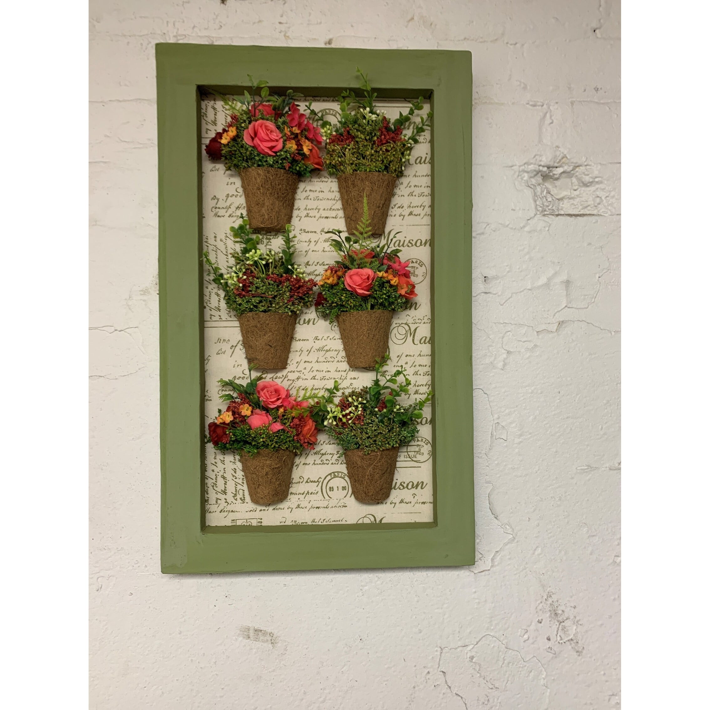 Green Framed Wall Decor with Dried Roses and Flora
