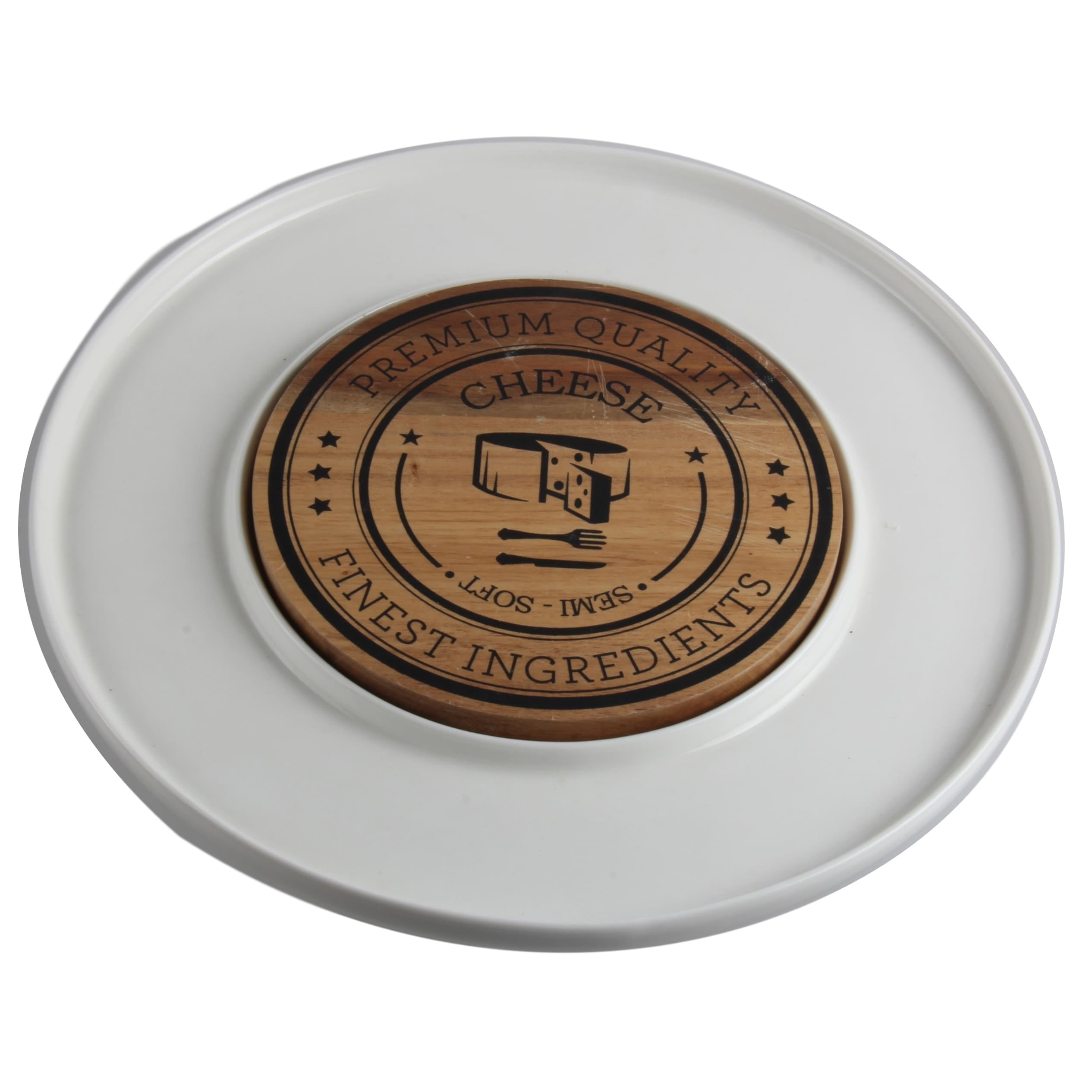 White and Brown Round Porcelain Cheese Serving Plate with Acacia Board