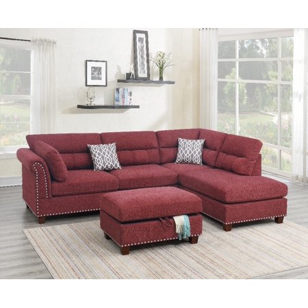 Paprika Red Velvet 3-Seater Sectional Sofa - Includes Reversible Chaise and Ottoman