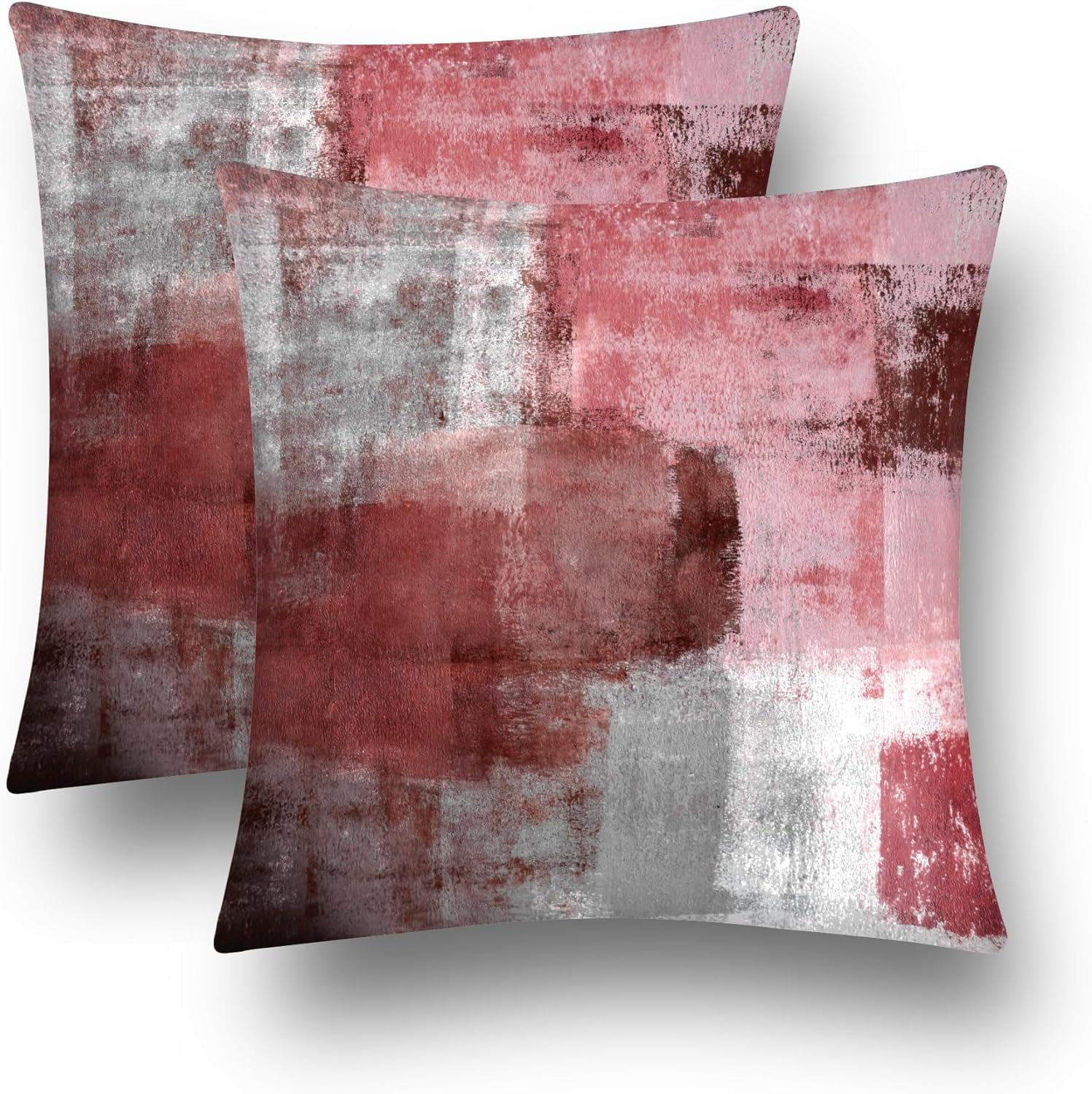 Red Velvet Abstract Pillow Covers Set of 2 Modern Accent Pink Gray